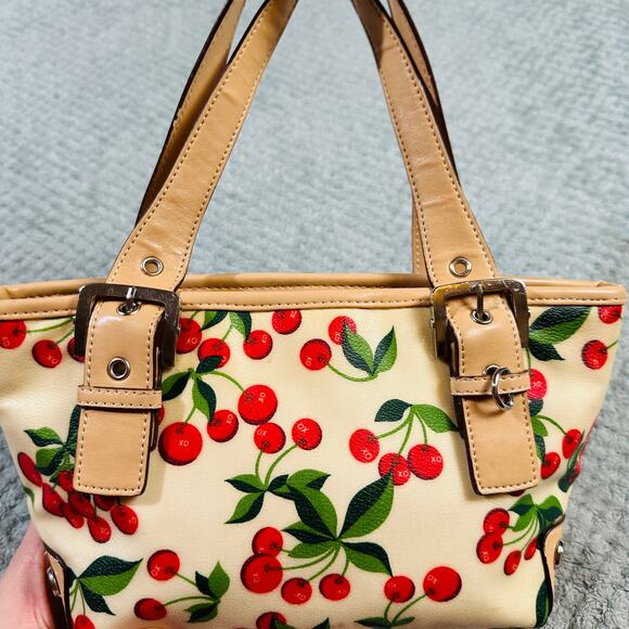 Cute Y2K XOXO Cherry Print Faux Leather Mini Shoulder Bag Soho Retro Cream/Red - Picture 6 of 9